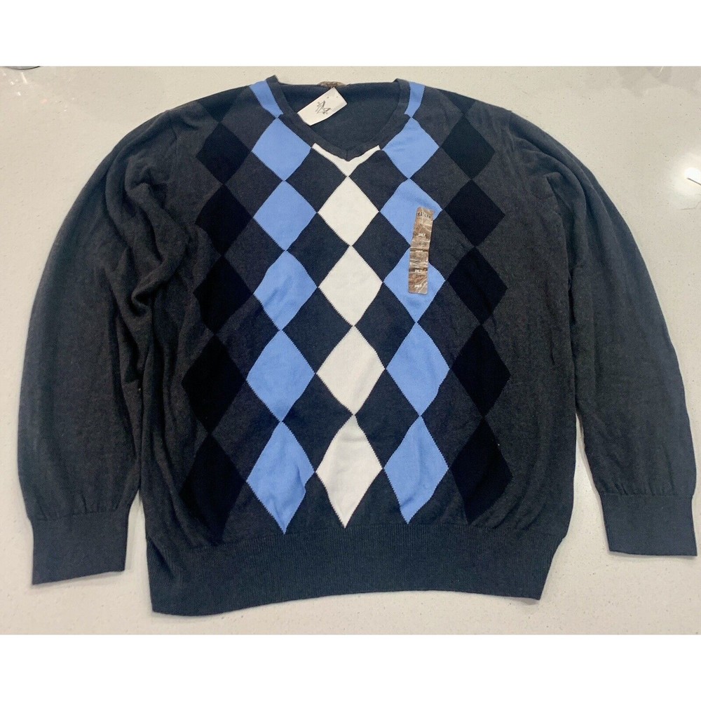 PRONTO UOMO BLUE Sweater Men’s 2XLT  Diamond Argyle Vneck Knit Pullover NWT